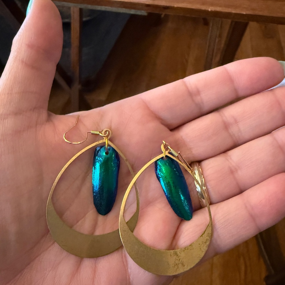 Elegant Gold and Blue Beetle Wings Teardrop Earrings